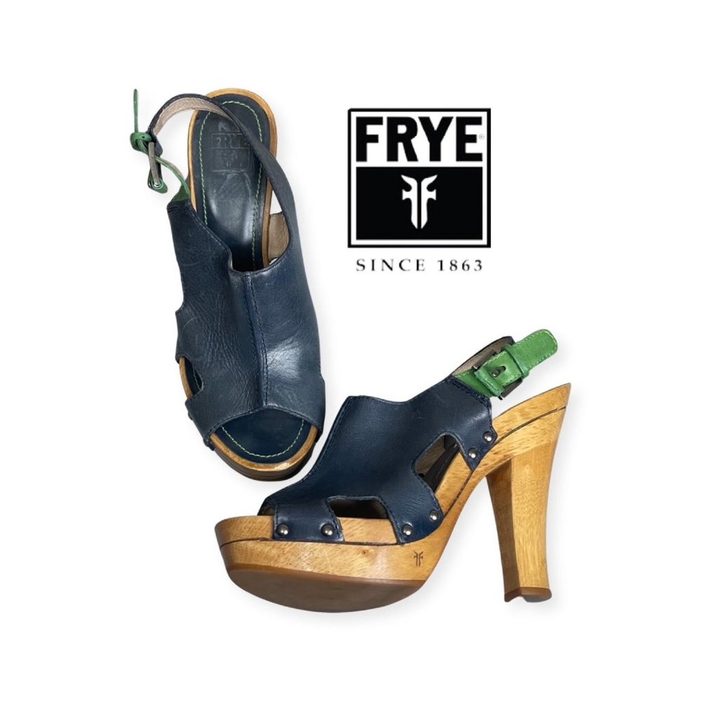 FRYE wooden sling back heel sandals Size 8.5 Navy Green Leather Dara